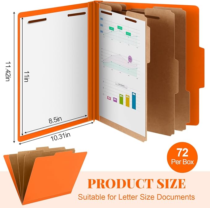 Skyygemm 72 Pcs Classification Folder Letter Size, 3 Divider File,Orange | Back to School Supplies, Pressboard File with Fastener, Expanding Organizer Bulk for School Teacher, Office Employee, Staff - Image 2