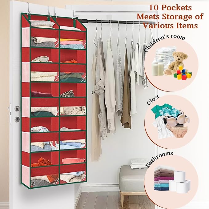 Over The Door Organizer 5 Tiers Extra Large Behind Door Storage of 10 | 80 lbs Weight Capacity Hanging Storage Organizer with Clear Window Kids Toys, Shoes, Diapers, Red - Image 6