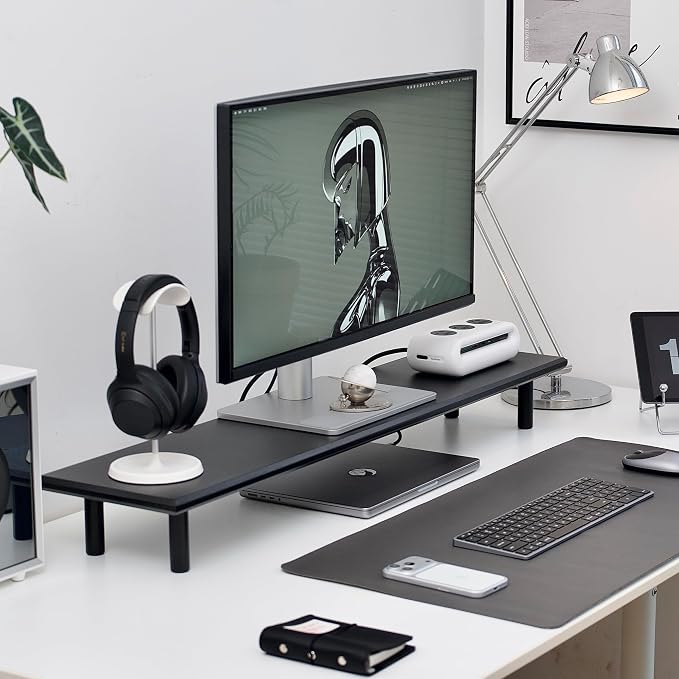 Bamboo Dual Monitor Stand Riser, Black Desk Shelf with Storage | 39.37-Inch Wide, 3.5-Inch Clearance, Fits Keyboards, Soundbars and Two 24-Inch Monitors for Home Office by Rocdeer