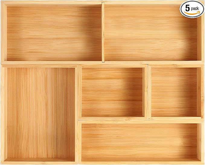 Fabsome Bathroom Drawer Organizer, Bamboo Box Bin for Junk Vanity Desk Makeup Drawer, Small Wooden Container Tea Storage Organization Tray for Kitchen Office, Set of 5 by Fabsome