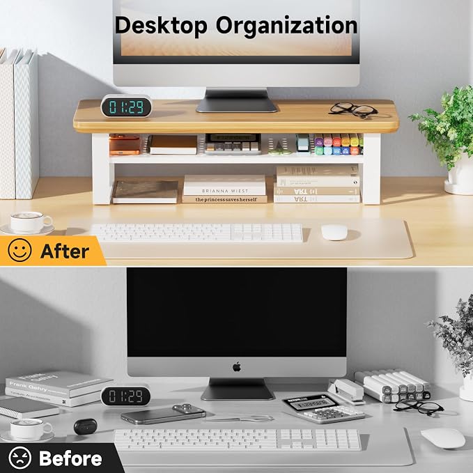 Monitor Stand Riser, 24 Inch Computer Monitor Stand for Desk, 2-Tier Wood Desk Shelf Organizer with Storage, Desktop Stand for Laptop/Screen/PC/Printer, Ergonomic Home Office Monitor Stand - Image 3