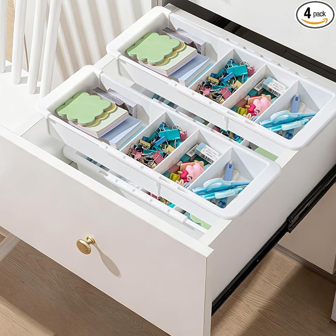4 Pcs Expandable Drawer Organizer Bins Adjustable Deep Drawer Hanging Organizer Tray Expandable 11.4 to 18.1 Inches Plastic Dividers Storage for Office Bathroom Bedroom Kitchen Desk, White by Unknown