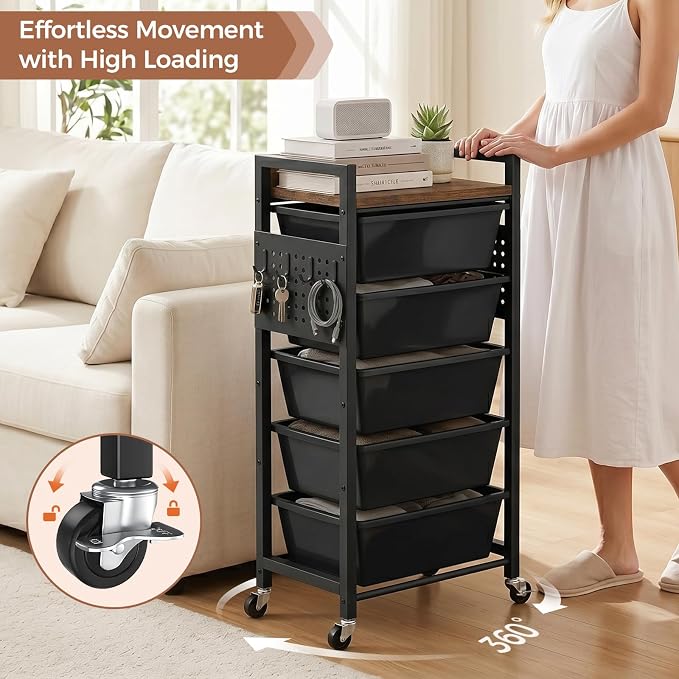 6 Tier Rolling Cart with Drawers, Plastic Drawer Storage Craft Cart with Pegboards & Hooks, Metal Utility Cart with Wheels & Wooden Tabletop, Classroom Office Art Supply Organizers and Storage, Black - Image 7