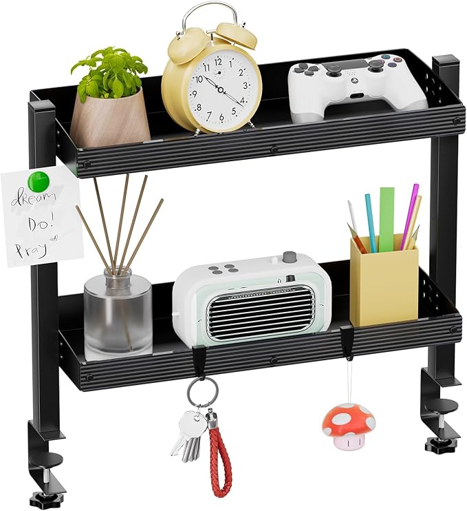 17 inch Adjustable 2-Tier Clamp On Desk Shelf with Hooks | Heavy Duty, Holds 44 lbs, No Drill, for Home Office, Gaming & Desk Organizer by OUKMIC