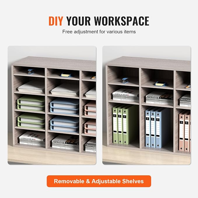 VEVOR 27 Compartments Wood Literature Organizer, Adjustable Shelves, Medium Density Fiberboard Mail Center, Office Home School Storage for Files, Documents, Papers, Magazines, Grey - Image 5