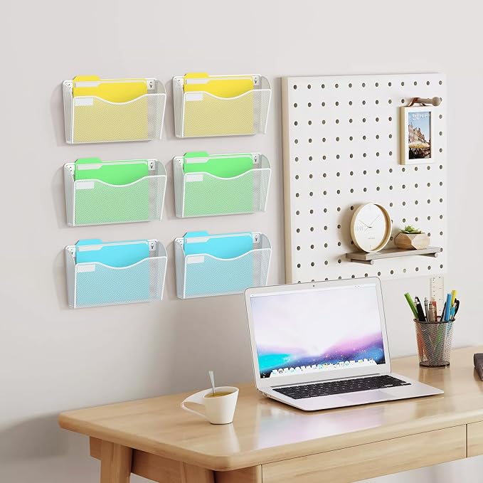 samstar 6 Pack Mesh Wall Mounted File Holder Metal Wall File Pocket Mail Organizer for Office/Home(with Label Panel), White - Image 2