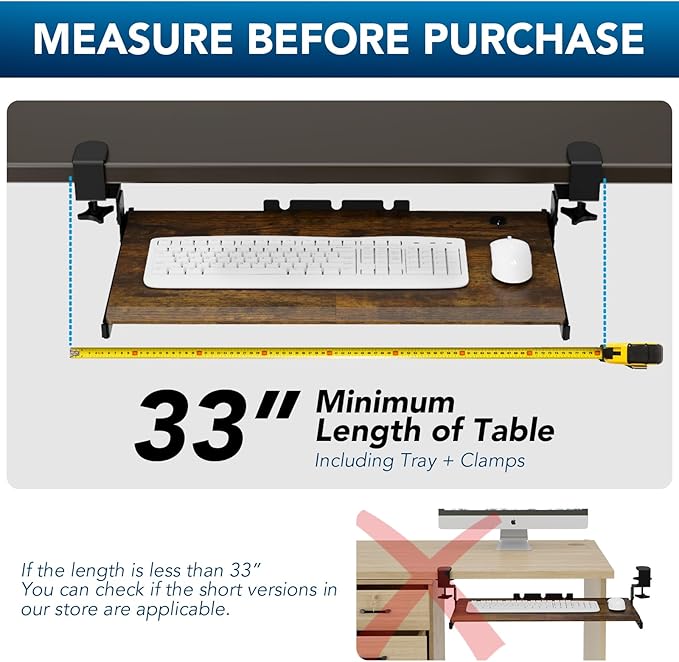 Keyboard Tray Under Desk Pull Out with Extra Sturdy C Clamp Mount System, 27.3 (32.5 inch Including Clamps) x 11 Inch Slide-Out Platform Computer Drawer for Typing Vintage AX01WG02 - Image 6