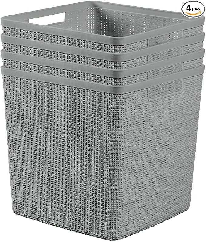 Curver Set of 4 Large Cube 17L Jute Decorative Plastic Organization and Storage Baskets - Perfect Bins for Home Office, Closet Shelves, Kitchen Pantry and All Bedroom Essentials, Grey by Unknown