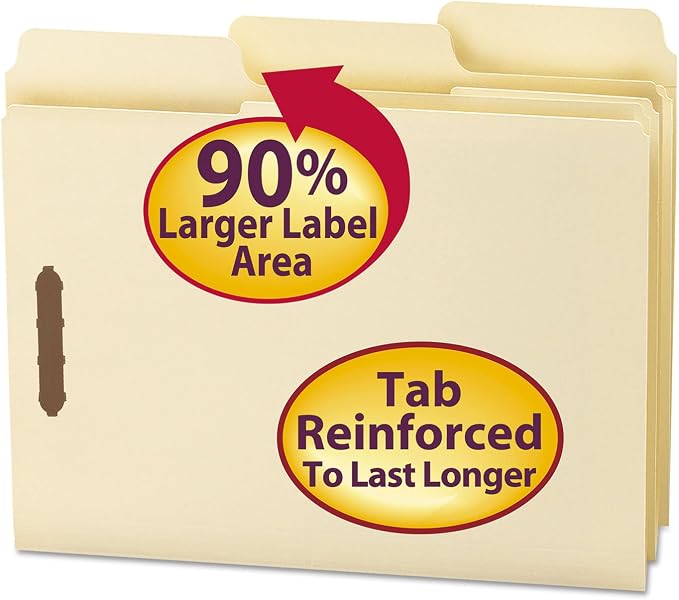 Smead SuperTab® Fastener File Folder, 2 Fasteners, Oversized Reinforced 1/3- Cut Tab, Guide Height, Letter Size, Manila, 50 Each per Box (14535) by SMEAD