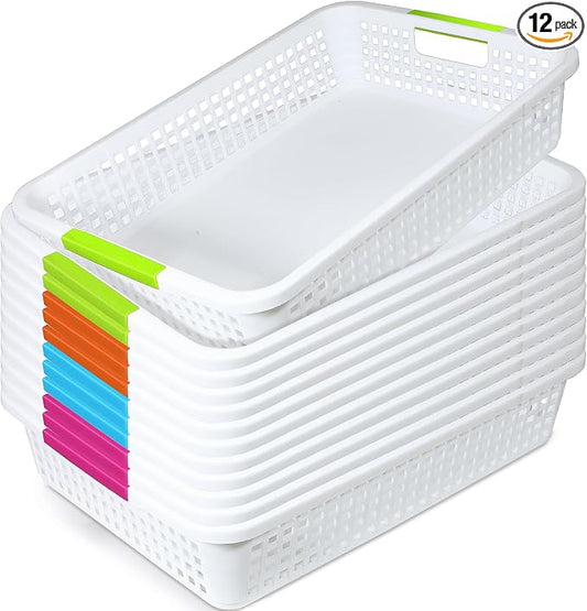 12 Pack Classroom Storage Baskets 15''x10''x3'' Large Plastic Paper Trays with Handle Letter Size A4 Paper Toy Basket Turn in Trays for Library Office Desk Drawer Organizing (12, White) by BeapTcely