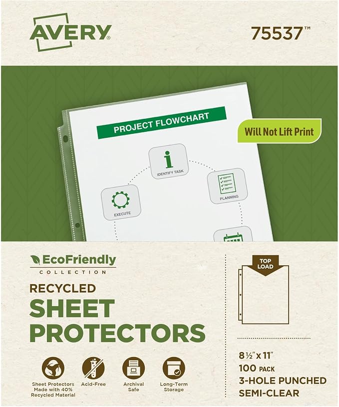 Avery EcoFriendly Recycled Economy Sheet Protectors, Semi-Clear, Top Load, 100 Document Protectors (75537) (Pack of 5) by Avery