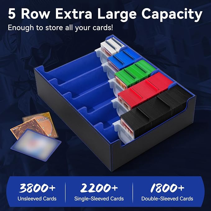 5 Row Trading Card Storage Box, 3800+Bulk Card Organizer Box with 20 Dividers & 5 Supporters, Graded Card Deck Box for YuGiOh, MTG, TCG with Double Lid Black/Blue - Image 2