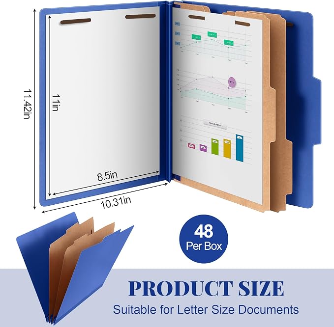 Skyygemm 60 Pcs Classification Folders Letter Size, 2 Divider Pressboard File Folders with 3. 5 Inch Expansion, 2 Prongs Fastener, Heavy Duty Office File Organizers for Teachers, Medical (Dark Blue) - Image 2