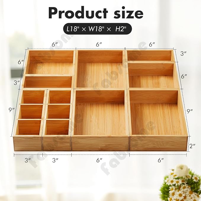 Fabsome Drawer Organizer, Set of 9 Bamboo Wood Kitchen Makeup Desk Junk Tea Drawer Storage Boxes Bins for Cutlery Silverware Utensils Flatware, Small Wooden Container Tray for Bathroom, Office - Image 6