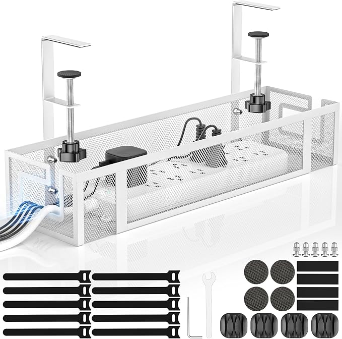 Under Desk Cable Management Tray, 15.75" No Drill Cable Management White, | Heavy Duty Metal Cord Organizer for Standing/Gaming Desk, Cable Management Under Desk Tray for Home and Office by GZOKMOG