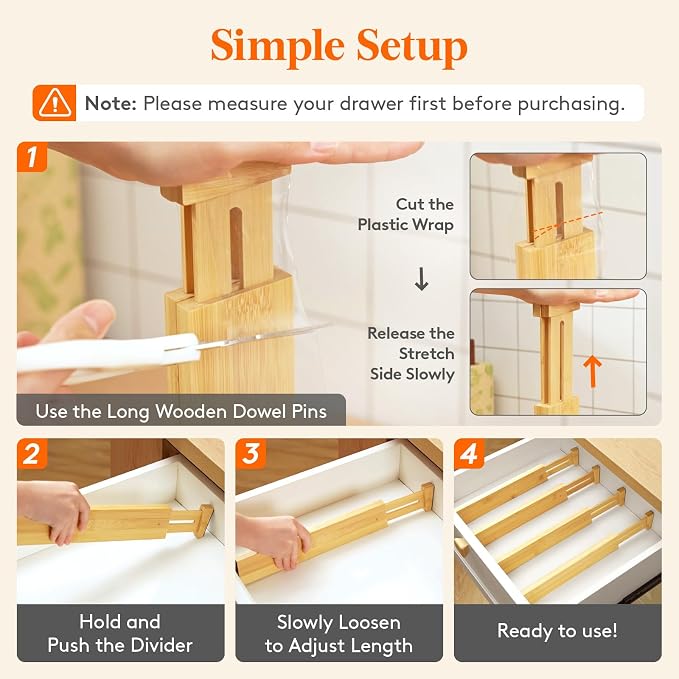 Lifewit 2.4" High 8 Pack Bamboo Drawer Dividers 33-42cm/13-16.5" Adjustable Wooden Drawer Organizer for Clothes/Utensils, Expandable Drawer Separator for Dresser/Kitchen/Bedroom/Office Organization - Image 5