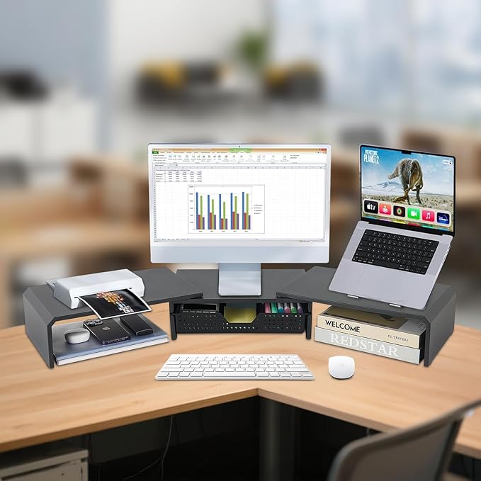 LEKETREE Dual Monitor Stand Riser with Drawer, Computer Stand for Desk, Workspace Desktop Stand, Desk Organizer for Computer, Laptop, TV and More (Black) - Image 2