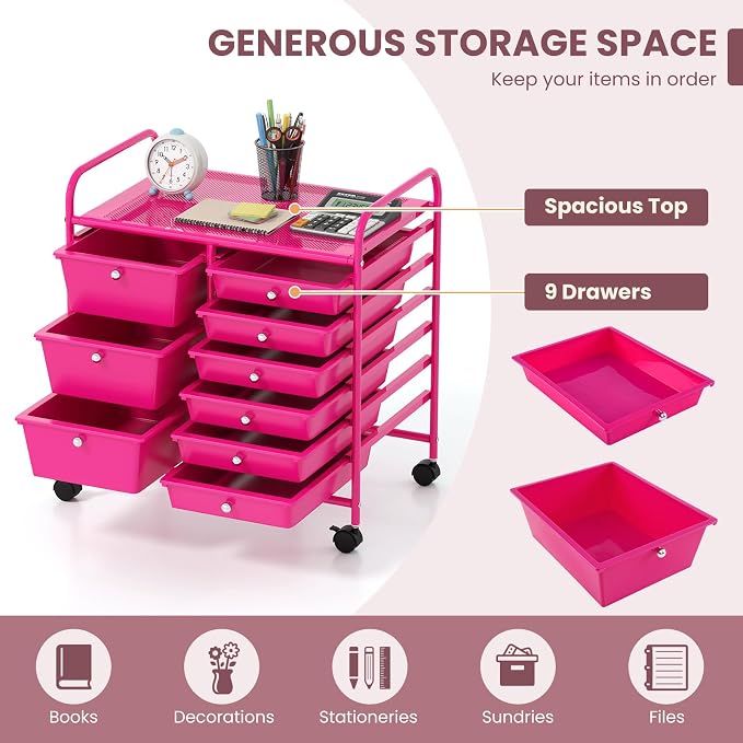 COSTWAY Rolling Storage Cart with 9 Drawer, Utility Cart with Metal Frame | Mobile Art Supply Craft Organizer, Multipurpose Storage Organizer for Paper, Office, School Teacher, Classroom, Hot Pink - Image 4