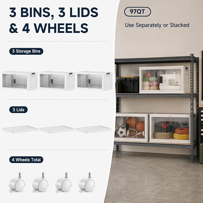 OlarHike 97QT Storage Bins with Lids for Closet, Garage, Shelves, 3 Pack | Multi-Lid, Lockable Cabinet, Large, Doors & Wheels, School, Office, Foldable Container, Stackable Organizers, Plastic Drawers - Image 9