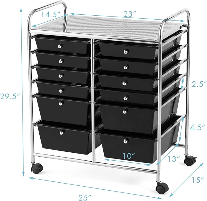 GOFLAME 12-Drawer Rolling Storage Cart, Multipurpose Organizer Cart with 2 Sizes Plastic Drawers, Mobile Utility Cart with Lockable Casters for School, Home Office, Beauty Salon, Black - Image 3