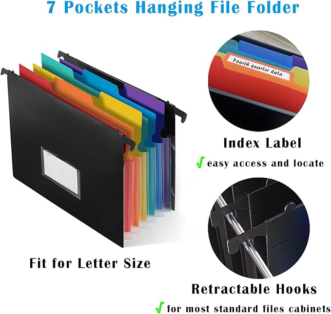7-Pockets Hanging File Folder with Retractable Hooks for Filing Cabinet, Letter Size Expandable Accordion File Organizer with Elastic Band for File Frame or On-The-Go Use (3 Pack) - Image 4