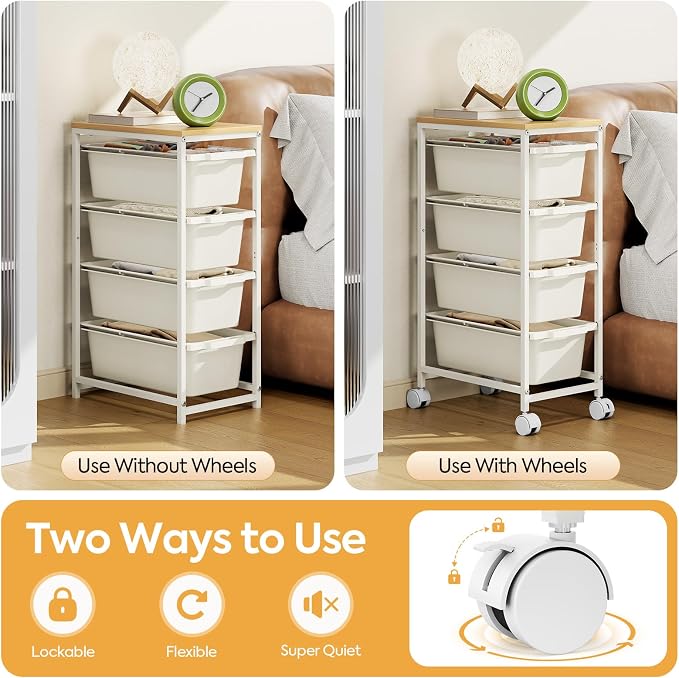 KINGBOARD Slim Rolling Cart with 4 Drawers, Metal Utility Storage Cart | Wooden Tabletop, Lockable Wheels, Table Side Trolley for Bedroom, Children's Room and Office Organization, White - Image 5