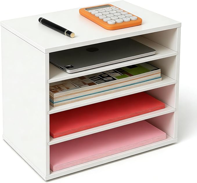 EMERIT 4-Tier Adjustable Paper Organizer, Large Capacity Desktop Organzier for Textbooks/Magazines/Office Files, Wooden Dividers, 7 lbs per Shelf, White by eMeritDirect