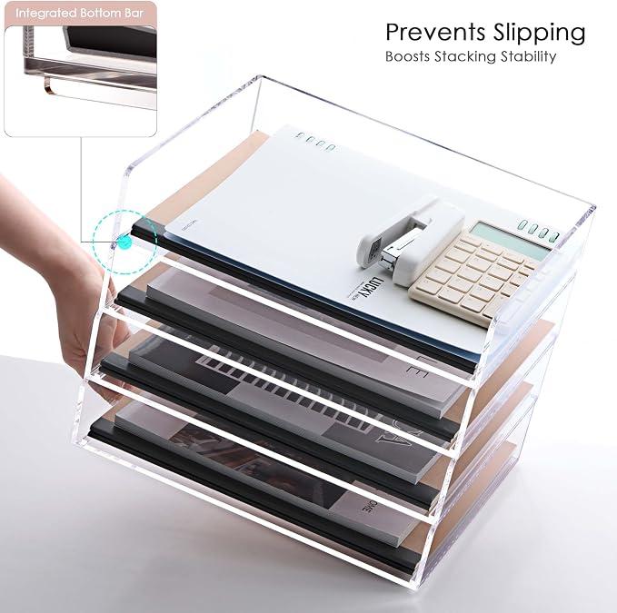 Acrylic Desk Organizer, Stackable Paper Organizer Letter Tray, 4-Tier | Clear Desk Organizers and Accessories, Office Supplies Organizer for Files, A4 Paper, Books, Mails, Office Classroom Home - Image 6