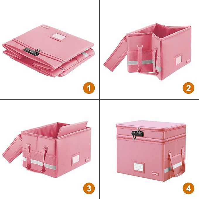 DocSafe File Box with Lock,Multi-Layer Fireproof Document Box Collapsible File Storage Organizer with Pockets/Handle,Large Portable Home Office Filing Safe for Hanging Letter/Legal Size Folders,Pink - Image 9