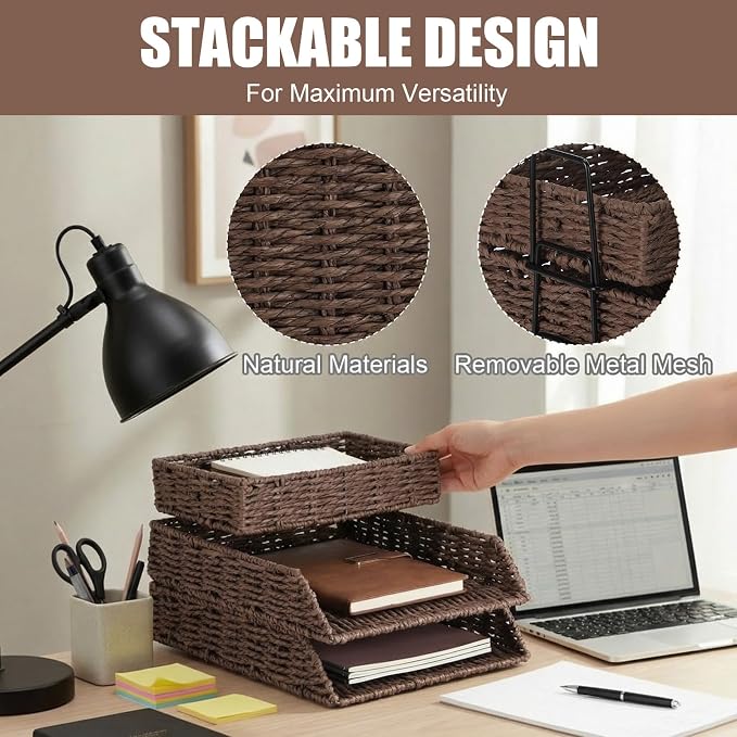 3 Pack Paper Rope Woven Stackable Desk Organizer Letter Tray, Brown Tabletop Desk Basket for Storage Paper Letter Folders Notebooks Copy Print, Workspace Holder - Image 5