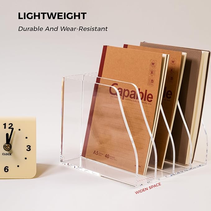 Acrylic Magazine File Holder, 4 Vertical Compartments Desk Document Sorter Organizer, Clear Folder Rack Binder for Office/Home/Classroom, for Documents, Tablet, Magazines, Books & Accessories - Image 7