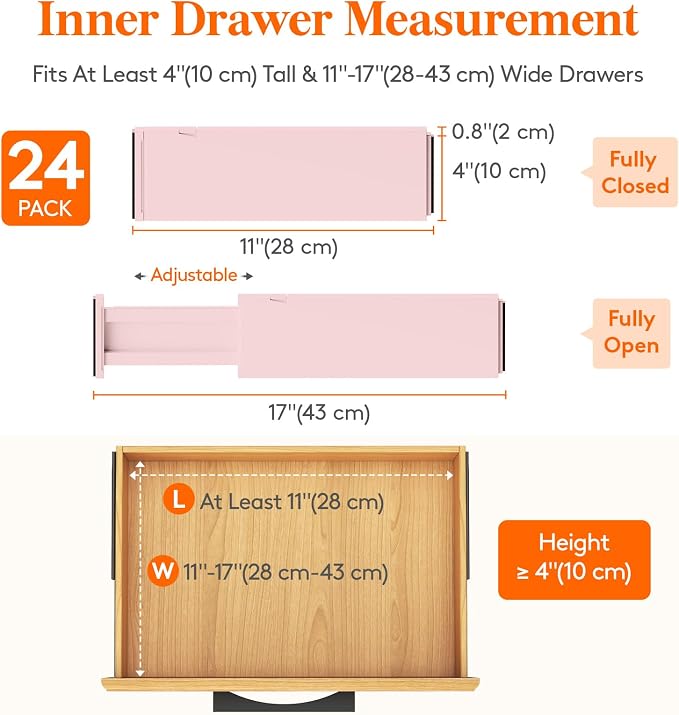 Lifewit 4" High Upgrade Drawer Divider, Adjustable Drawer Organizer Clothes | 24 Pack 11"-17" Expandable Pink Plastic Drawer Separator for Dresser, Kitchen, Closet, Nursery, Office Organization & Storage - Image 2
