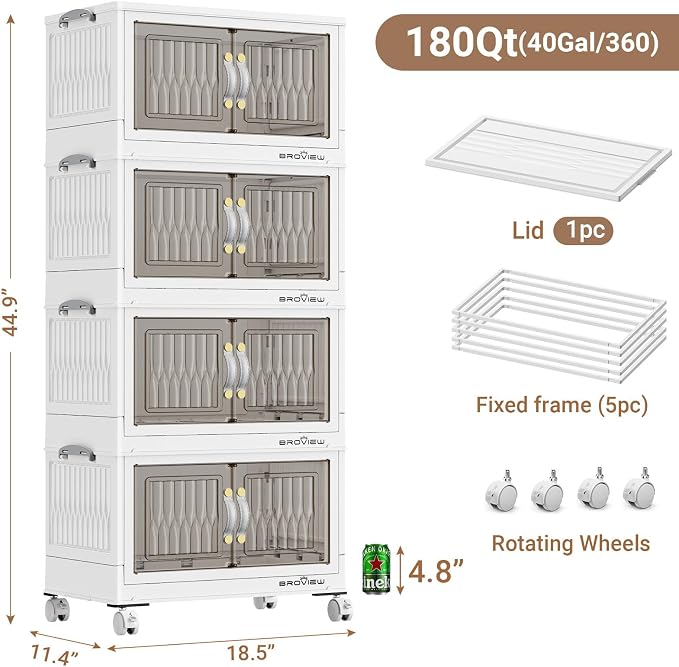 BROVIEW 180Qt Stackable Storage Bins with Lid, Extra Large Closet Organizer Collapsible Drawer Boxes with Wheels, Folding Plastic Cabinet Containers for Home Kitchen Room Organization, 4Pack White - Image 2