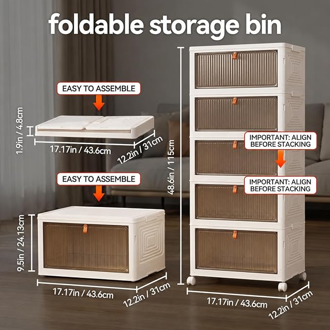 LDQ 170 Qt Large Storage Bins with Lids, 5 Tier Stackable Storage Cabinet with Wheels & Clear Doors, Foldable Plastic Closet Organizer for Bedroom, Bathroom & Kitchen - Image 8