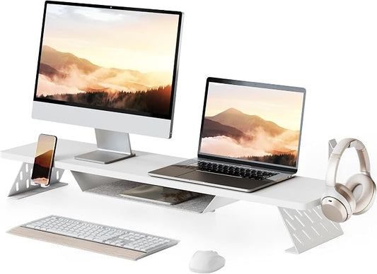 Fenge Dual Monitor Stand, Wooden Desk Shelf with Headphone & Phone Holder | 42.5" Monitor Riser with Storage Shelf, 2-Tier Monitor Shelf with Metal Leg for Home Office Organizer, White by Fenge