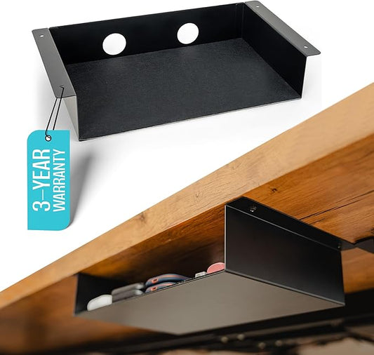 COREMINDED Under Desk Storage Shelf - Carbon Steel Under Desk Tray with Cable Management, Mountable Add-On Shelf for Table & Office Desks (13" x 8" x 2.8") by COREMINDED