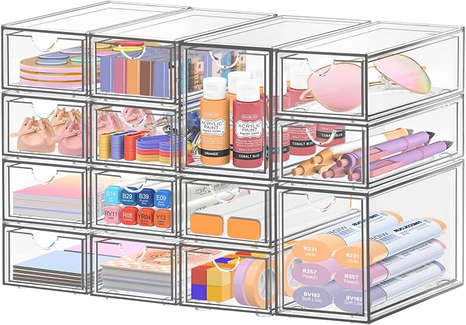 Desk Organizer with 14 Drawers, FODIENS 14 Packs Acrylic Stackable Desktop Storage Drawer Makeup Organizer, Clear Craft Storage Box Cabinets for Office Vanity Countertop Bathroom Bedroom by FODIENS