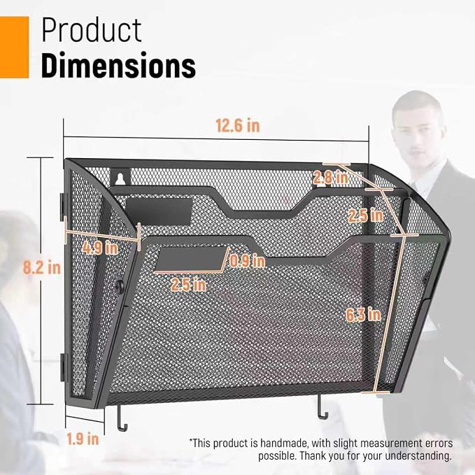 Docnest 3 Pack 2 Tier Mesh Wall File Holders with Hooks for Mail, Black | Space-saving vertical design with utility hooks. Ideal paper document organizer for office, home, and school - Image 2