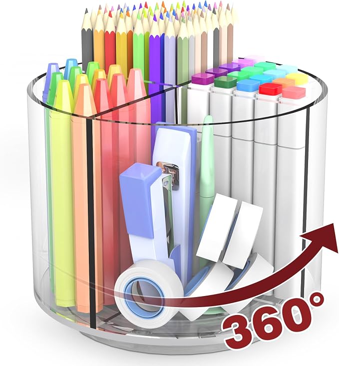 Pencil Holder for Kids, 360 Rotating Pen Holder for Desk Organizer and Storage, 4 Compartments Art Supply Marker Organizer, Pen Organizer Pencil Holder by Absonic