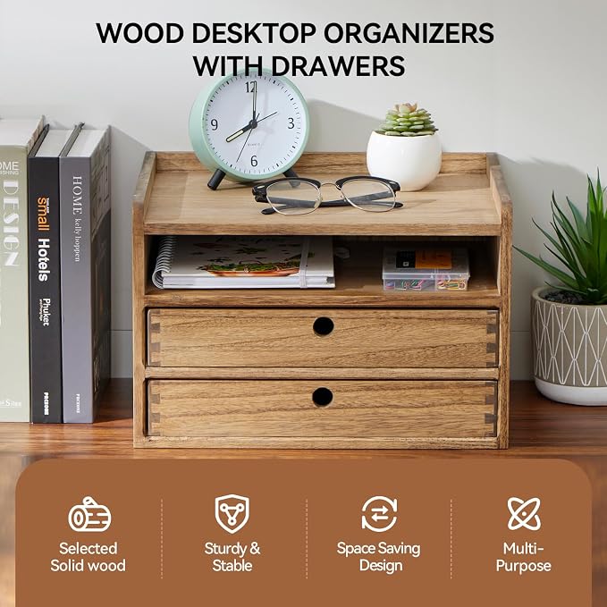 KIRIGEN Wooden Desk Organizer with 2 Drawers and Top Tray, Brown 3D2C-DBR | Three-Tier Desktop Storage Cabinet Stores Papers, Office Supplies, Cosmetics, Crafts, and Small Accessories for Home Office - Image 3