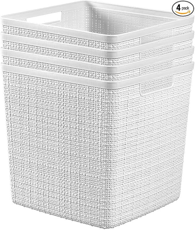 Curver Set of 4 Large Cube 17L Jute Decorative Plastic Organization and Storage Baskets - Perfect Bins for Home Office, Closet Shelves, Kitchen Pantry and All Bedroom Essentials, White by Unknown