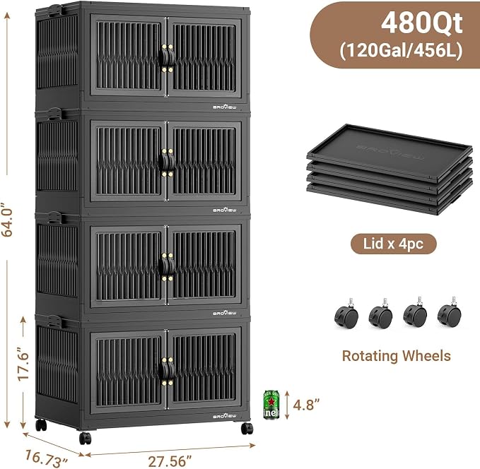 BROVIEW 480Qt Stackable Storage Bins with 4 Lids, Extra Large Closet Organizer Collapsible Drawer Boxes with Wheels, Folding Plastic Cabinet Containers for Home Kitchen Room Organization, 4Pack Black - Image 2