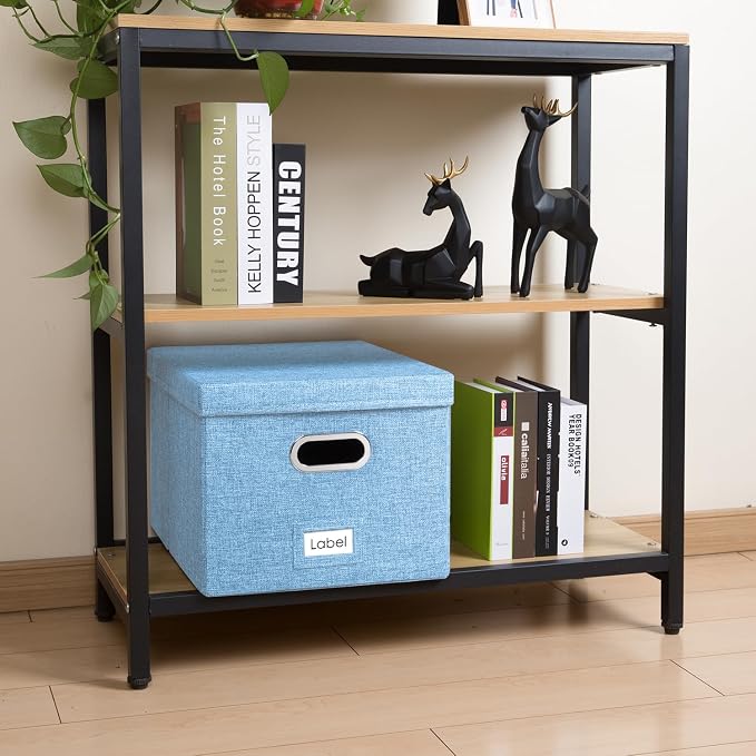 File Organizer Box - Set of 2 Collapsible Decorative Linen Filing Storage with Lids Office Cabinet Letter/Legal Size Blue (17x14x11.2 inch) - Image 3