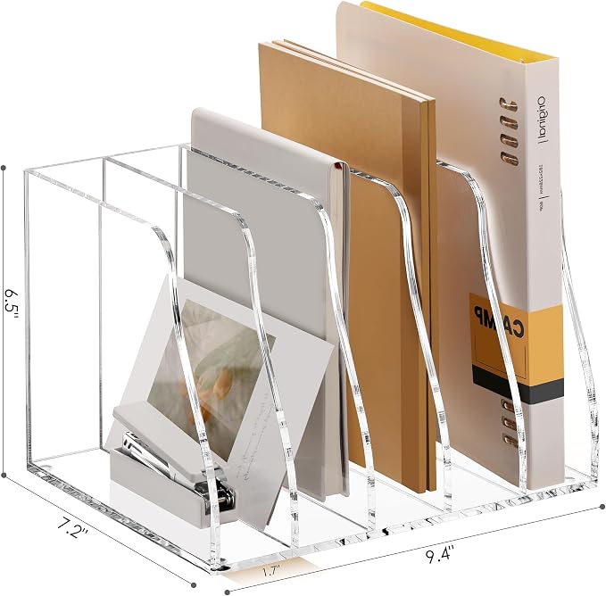SANRUI Acrylic Magazine File Holder Desk Organizer, Clear 5 Compartments | Workspace Document Sorter, Vertical Folder Rack Binder for Office Home Classroom Tablet, Books & Accessories Storage - Image 2
