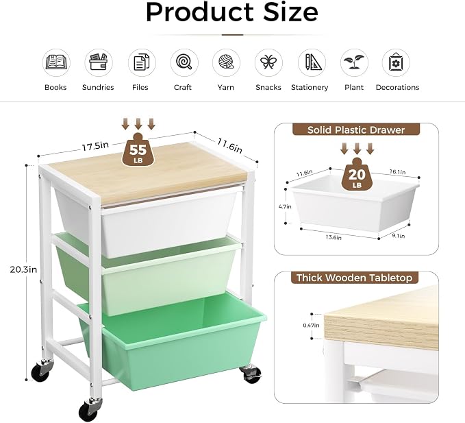Rolling Cart with 3 Drawers, Plastic Drawer Storage Carts with Lockable Wheels & Wooden Tabletop, Metal Art Craft Utility Cart Organizer for Home Office Bedroom Dorm Bedside Classroom, Bright Green - Image 4