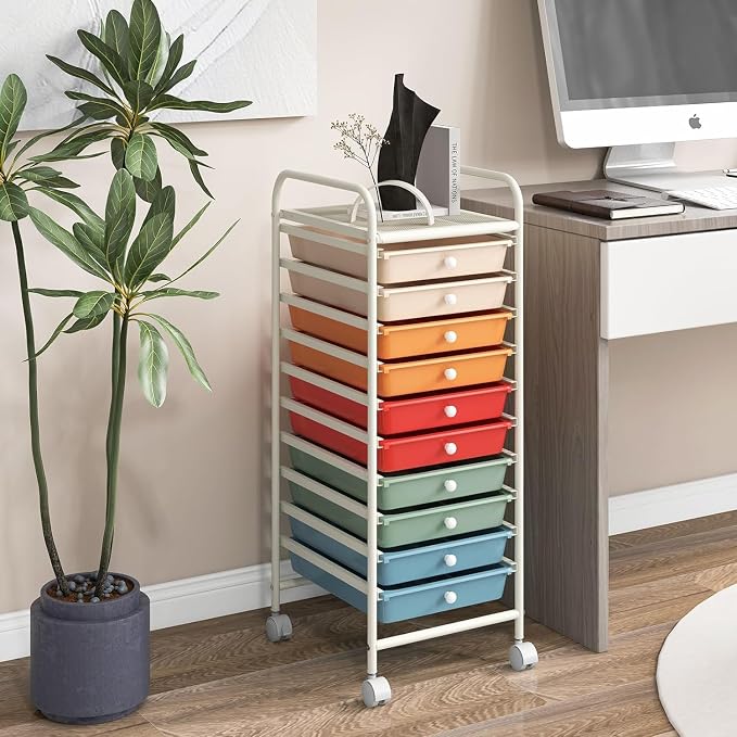 Storage Cart, Rolling Utility Cart with 10 Drawers, Portable Handles & Lockable Wheels, Mobile Paper Toys Storage Organizer Large Capacity for Home Office School Teacher (Macaron) - Image 2
