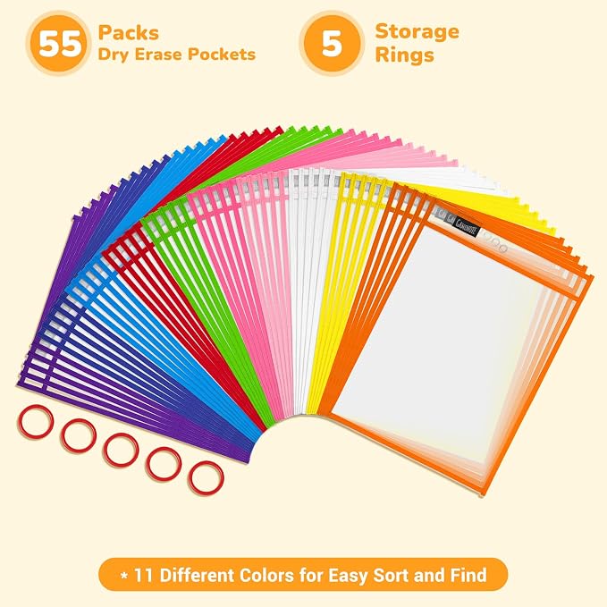 GAMENOTE 55 Pack Dry Erase Pockets, 10x14 Reusable Sleeves, 11 Colors | 55 reusable PVC pockets hold 8.5 x 11 and 9 x 12 sheets; double sided wipe clean surfaces, pen loops, eyelets, and 5 rings - Image 9