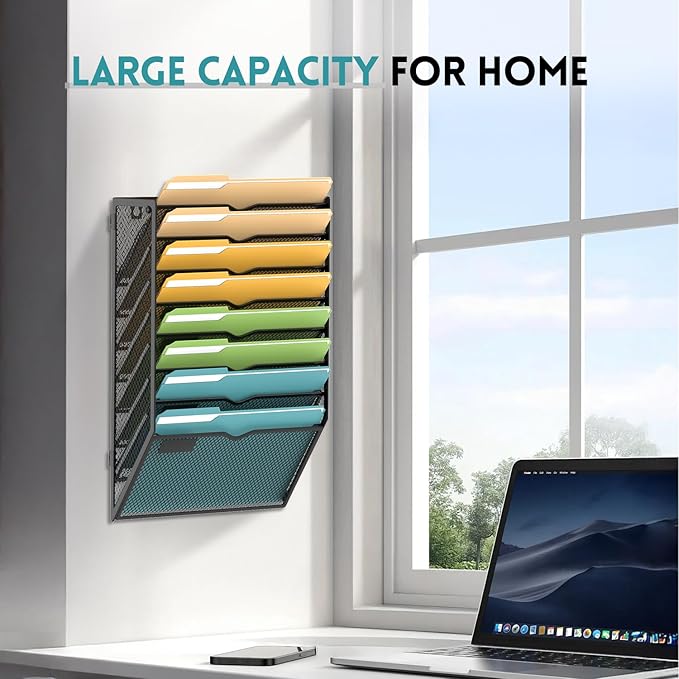 8 Tier Wall File Organizer, Hanging Wall Mounted Mail Organizer with Label Slots, Metal Mesh File Holder Magazine Rack for Office, Home, School or Classroom, Black - Image 2