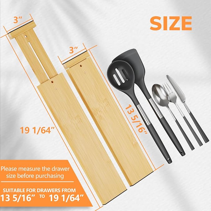 BAMEOS Bamboo Expandable Drawer Dividers – Fits 13.3"–19" Drawers, 3" Deep Walls, Set of 4 | Spring-Loaded Separator for Deep Kitchen & Bathroom Drawers, Prevents Items Falling Over - Image 2