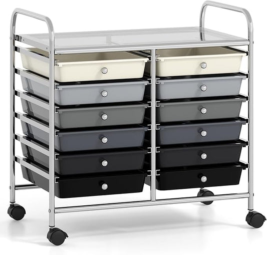 GOFLAME 12-Drawer Rolling Storage Cart, Multifunctional Art Craft Organizer Cart, Mobile Utility Storage Cart with Removable Drawers & Lockable Wheels, Craft Cart for Home Office School, Grey Gradient